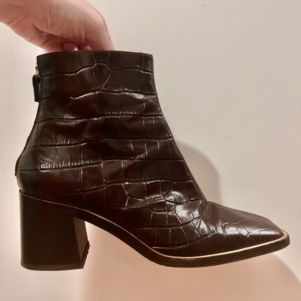 Miista Dark Brown Embossed Croc Leather Zip Up Heeled Boots Booties size 40 or 9